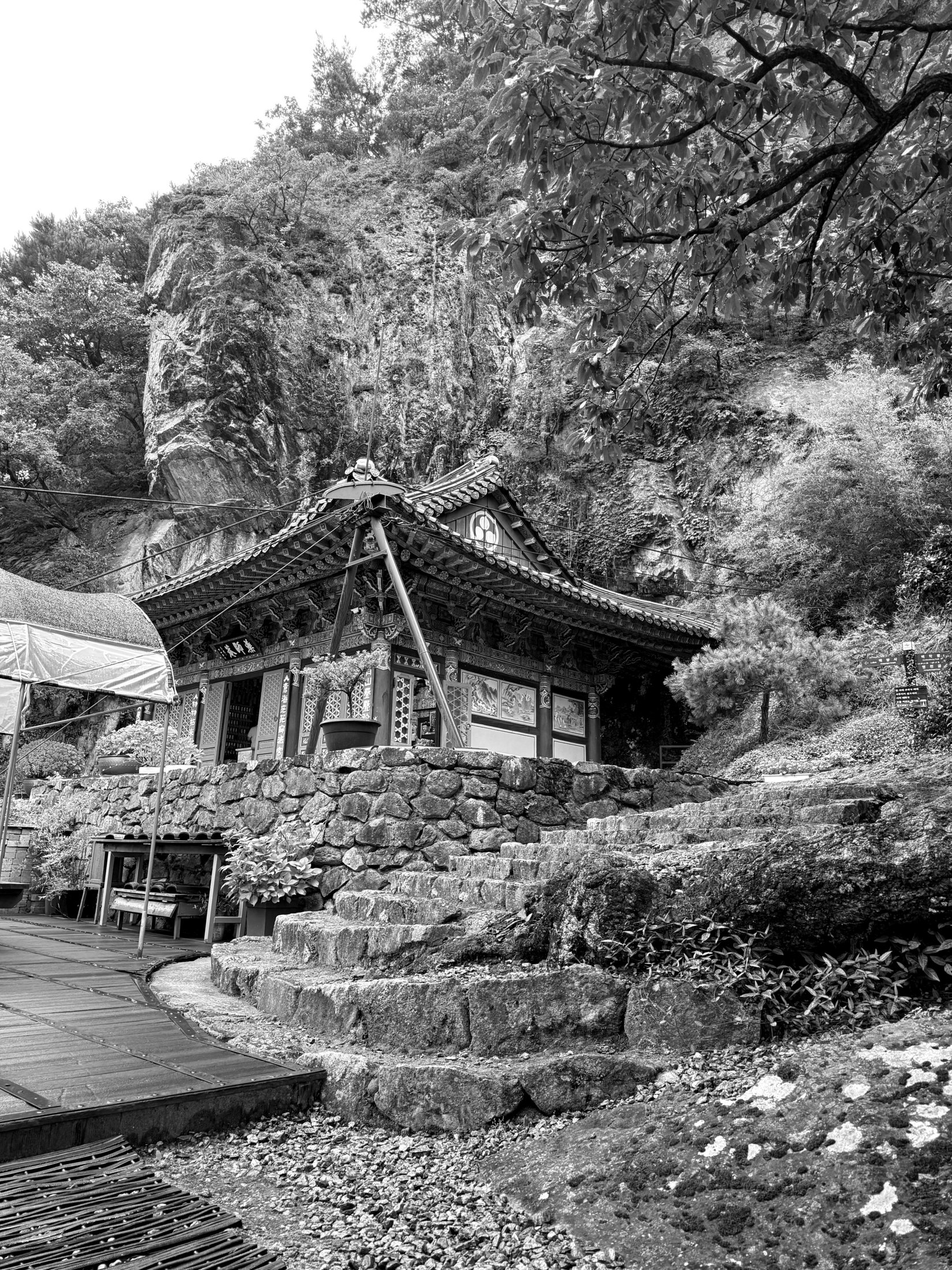 Detailed black and white temple artwork from Korea